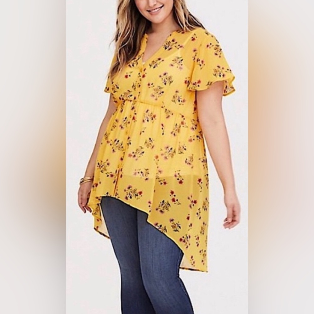 Torrid Yellow Pink Floral Hi-Lo Sheer Button Tunic Size 3
